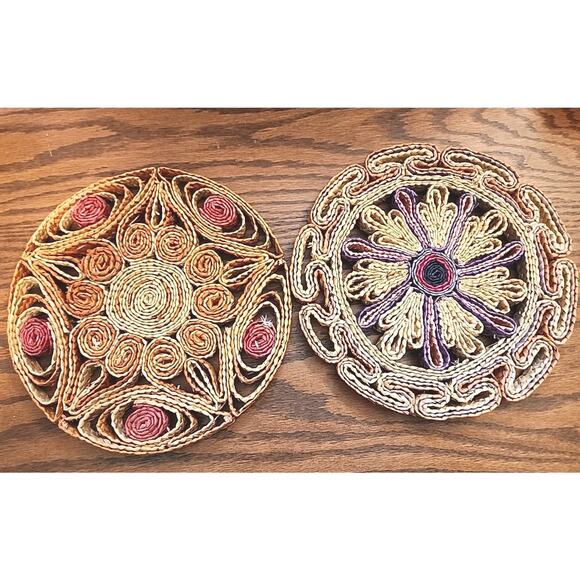 Vintage BOHO Decorative Woven Trivet/ Wall Hanging Set Of 2 - Picture 2 of 2